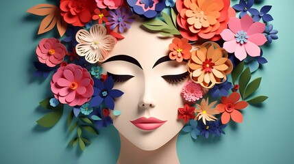 Illustration of face and flowers style paper