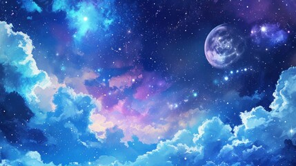 Colorful cosmic sky with a full moon, stars, and fluffy clouds. Watercolor illustration.