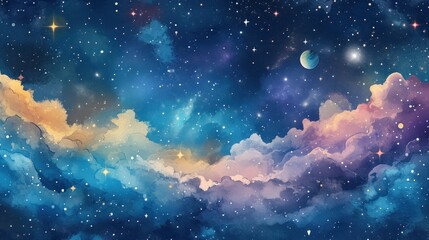 Colorful cosmic sky with moon, stars, and fluffy clouds. Watercolor illustration. - obrazy, fototapety, plakaty