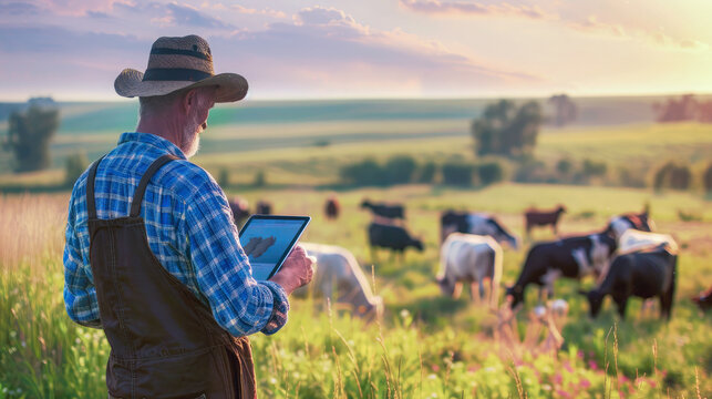 rural livestock farmers Standing holding a tablet and touching the screen.