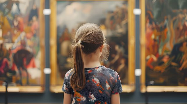 Unrecognizable child looking at modern art painting in a gallery