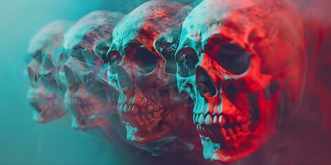 Surreal composition featuring Halloweenthemed skulls in a psychedelic dark atmosphere. Concept Halloween, Skulls, Psychedelic, Surreal, Dark Atmosphere