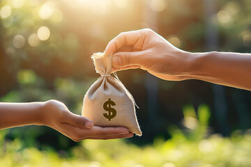 hand holding a money bag give to some one for concept donate ,philanthropy and finance