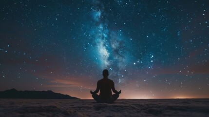 Silhouette of a man in meditation pose under a breathtaking starry sky with the Milky Way galaxy visible, symbolizing peace and vastness.
