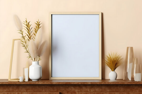 Poster mockup with vertical wooden frame in home interior background 
