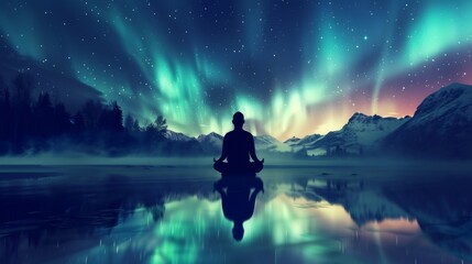 A contemplative silhouette sits in meditation, reflecting on the still waters under the mesmerizing dance of the Aurora Borealis.