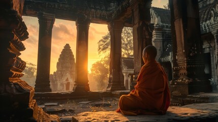 A monk in orange robes meditates amidst the ancient stone pillars of a temple, illuminated by the warm glow of sunrise.