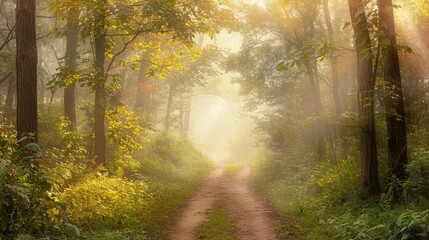 A tranquil forest path is bathed in the golden light of a misty morning, with sunbeams piercing through the foliage to create a magical atmosphere.