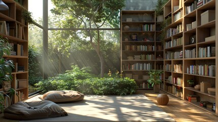 A tranquil home library bathed in natural sunlight, featuring floor-to-ceiling bookshelves and a lush indoor garden that brings a touch of nature inside.