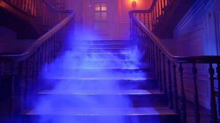 Transform your staircase into a ghostly walkway, using floating apparitions and dim lighting to create an ethereal passage for guests entering your haunted Halloween domain. - obrazy, fototapety, plakaty