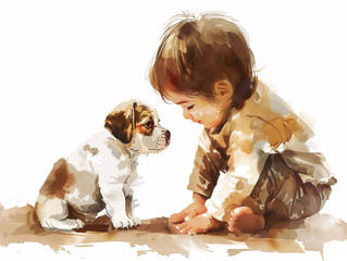 Watercolor Drawing of Cute Dog Puppy and Kid Colorful Illustration isolated on white background HD Print 4928x3712 pixels Neo Art V5 42