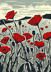 Red Poppies Field linocut Illustration as Remembrance Day peaceful symbol