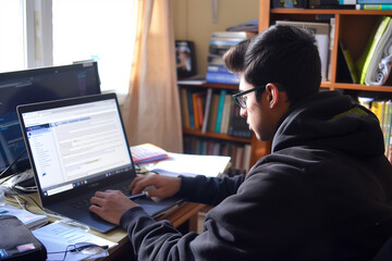 Distance Education. Student sitting at desk, using laptop