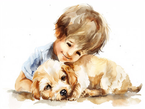 Watercolor Drawing of Cute Dog Puppy and Kid Colorful Illustration isolated on white background HD Print 4928x3712 pixels Neo Art V5 48
