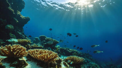 Naklejka na ściany i meble Underwater landscape of fish, corals and sun rays.