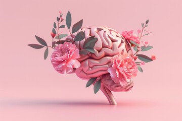 World mental health awareness day. Human brain, leaves and flowers illustration