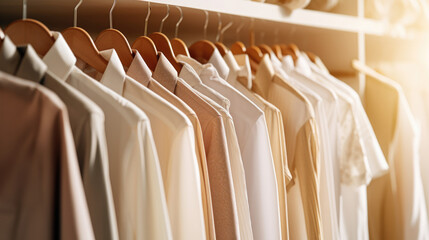 Assortment of shirts and blouses in neutral tones hangs on hangers in closet