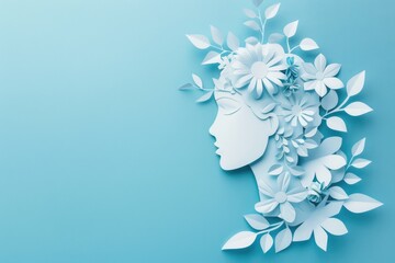 World mental health awareness day. Paper cut out woman head and flowers