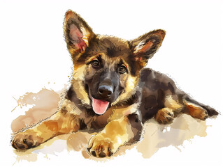 Watercolor Drawing of German Shepherd Dog Puppy Colorful Illustration isolated on white background HD Print 4928x3712 pixels Neo Art V5 7