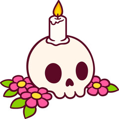 Cartoon skull drawing with candle and flowers. Day of the Dead decoration. Cute flash tattoo or sticker, hand drawn doodle illustration.