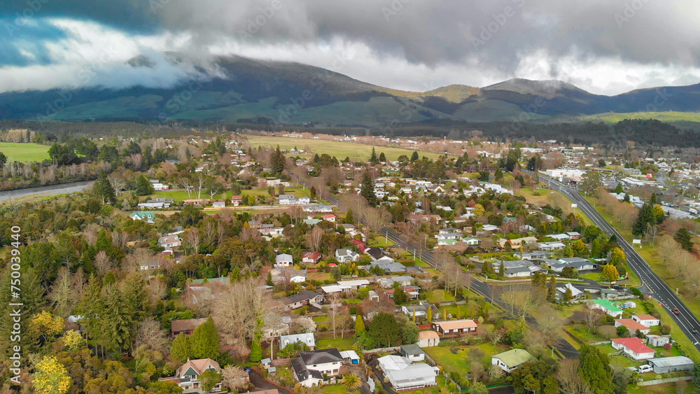 Canvas Prints Turangi, New Zealand. Aerial view of the city along Lake Taupo