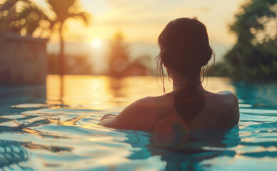 Woman feels alive and connected to nature standing in luxurious pool at sunrise. Young female rests...