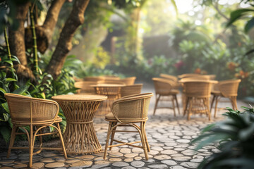 Restaurant terrace with Rattan furniture provides serene escape among beauty of nature. Place encircled by lush greenery and bathed in natural light for guests