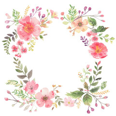 Watercolor floral wreath with flowers and leaves. Wreath, floral frame, watercolor flowers, Isolated on white background. Perfectly for greeting card design.