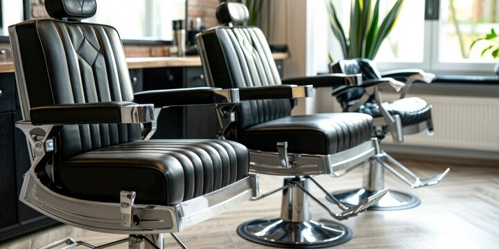 Modern Elegance, Comfortable Black Leather Armchairs Adorn the Cozy and Bright Interior of a Beauty Salon Barbershop