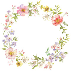 Watercolor floral wreath with flowers and leaves. Wreath, floral frame, watercolor flowers, Isolated on white background. Perfectly for greeting card design.