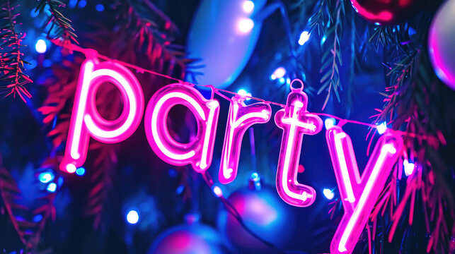 Vibrant purple neon PARTY sign in retro 90s style glowing maximalist background