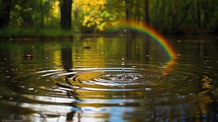A single water droplet creating ripples on a forest pond, with the vibrant colors of a rainbow reflecting subtly in the background, encapsulating a moment of peace and natural beauty. - obrazy, fototapety, plakaty