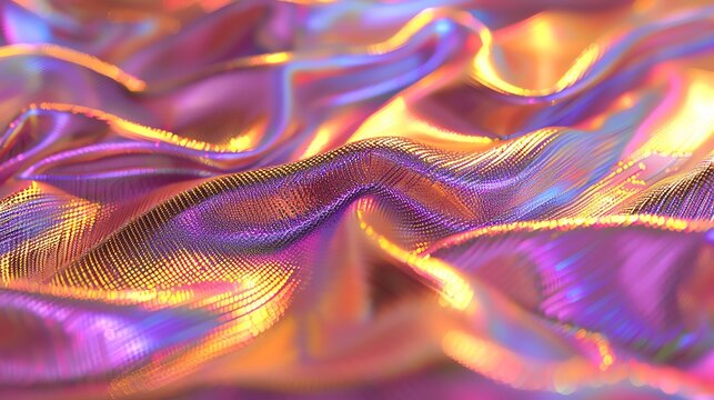 Iridescent silk fabric rippling with waves, displaying an array of colors that shift and shimmer in the light, creating an almost liquid visual texture that exudes luxury and dynamism.