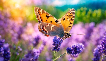 Wandcirkels aluminium butterflies on lavender flowers. Selective focus. © Яна Ерік Татевосян