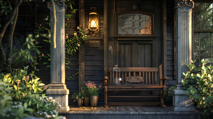 A close-up of a craftsman porch, featuring a wooden bench, a hanging lantern, and intricate...