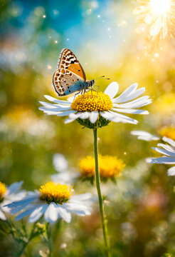butterflies on chamomile flowers. Selective focus.
