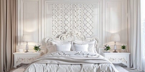 Contemporary Elegance, Luxurious White Bedroom Adorned with Modern Wall Decor