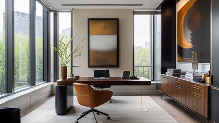 A sleek and sophisticated home office with minimalist furniture, streamlined design, and pops of color from contemporary artwork, bathed in natural light from expansive windows