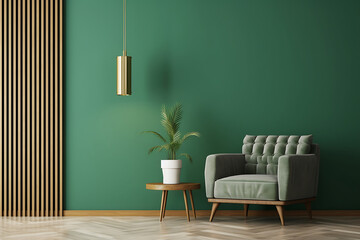  Living room with green armchair on empty dark green wall background