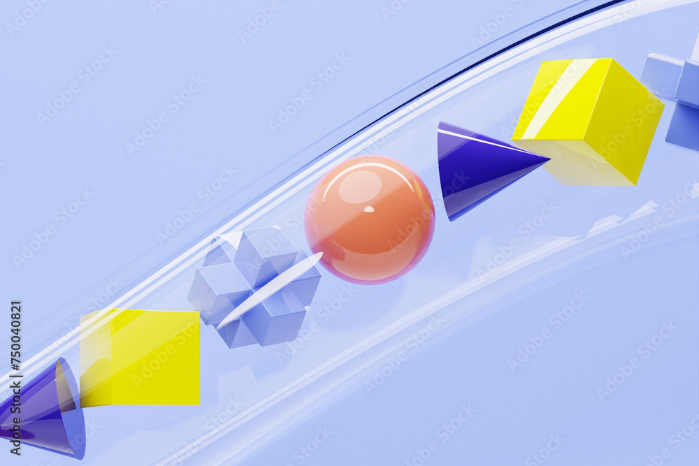 Poster multi-colored graphic objects and frames of geometric shapes fly through a transparent tunnel. minim