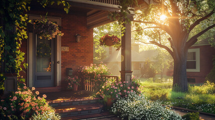 Fototapeta na wymiar A cozy suburban house with a covered porch, adorned with hanging flower baskets and classic craftsman details, bathed in the morning sunlight.