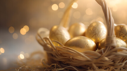 Golden Easter Eggs Nestled in a Wicker Basket