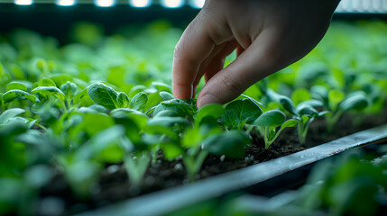 Hand Tending to Young Plant Seedlings in Greenhouse - obrazy, fototapety, plakaty