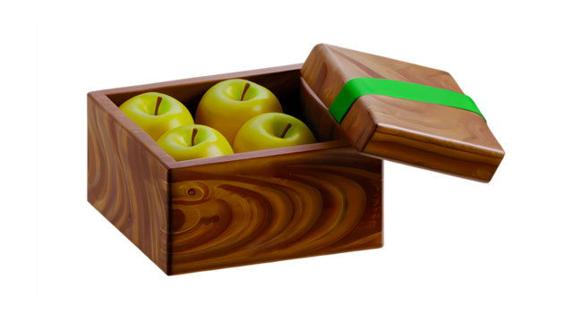 Minimal stylized brown wooden box with fresh ripe yellow apples, green leaves floating in air. Autumn harvest at farm. Healthy fruit snacks for nutrition, vitamins. - Powered by Adobe