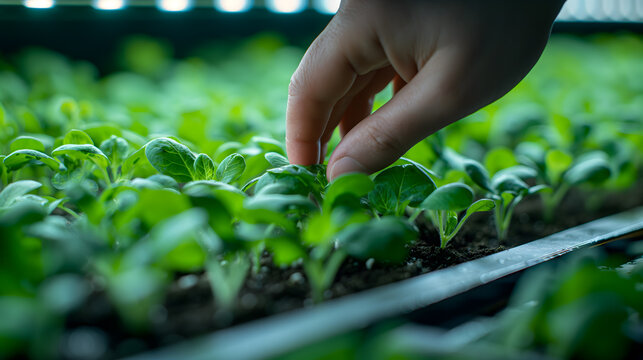 Hand Tending to Young Plant Seedlings in Greenhouse