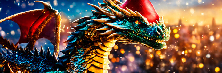 dragon in santa's hat year of the dragon. Selective focus. - obrazy, fototapety, plakaty