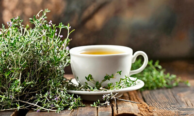 tea with thyme in a cup. Selective focus. - obrazy, fototapety, plakaty