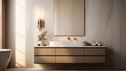 Fototapeta na wymiar Modern Minimalist Bathroom Interior Design with washbasin, faucet, mirror