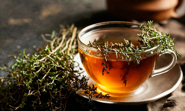 tea with thyme in a cup. Selective focus.