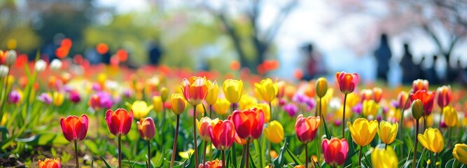 A group of people in the colorful flowers fields.